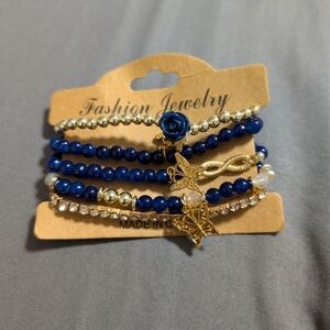 Blue and Gold Beaded Bracelet Set- New
